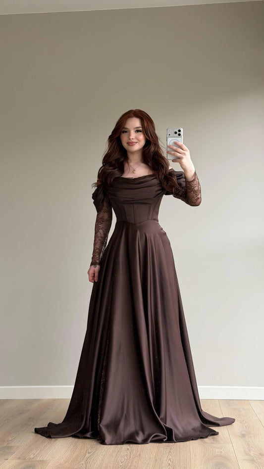 Royal Brown Evening with Lace Details Dress