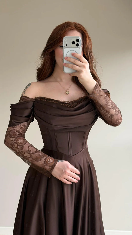 Royal Brown Evening with Lace Details Dress