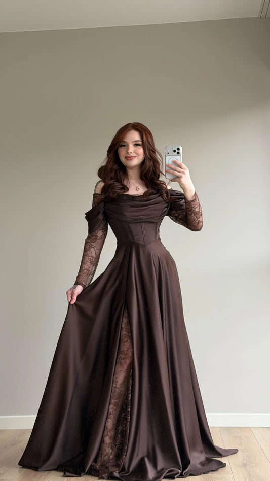 Royal Brown Evening with Lace Details Dress