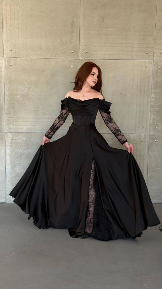 Royal Black Evening with Lace Details Dress