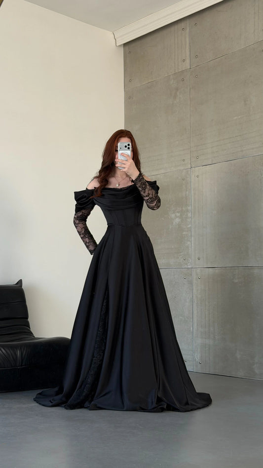 Royal Black Evening with Lace Details Dress