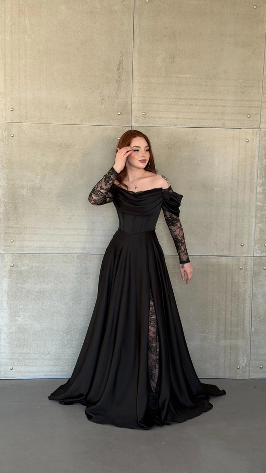 Royal Black Evening with Lace Details Dress