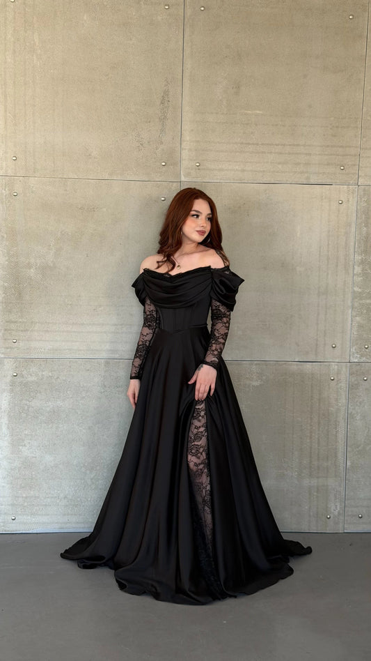 Royal Black Evening with Lace Details Dress