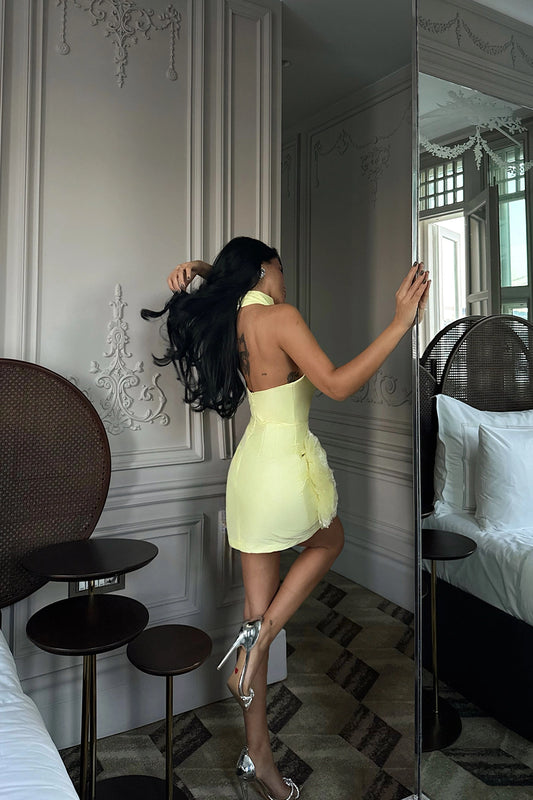 Yellow Freyya Mini Dress with Rose Detail at the Hem Dress