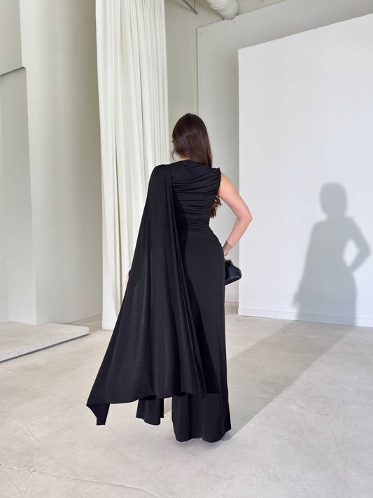 Sienna Black Maxi Dress with Elegant Drape