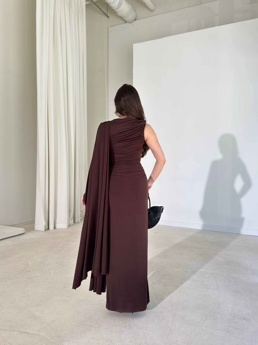 Sienna Brown Maxi Dress with Elegant Drape