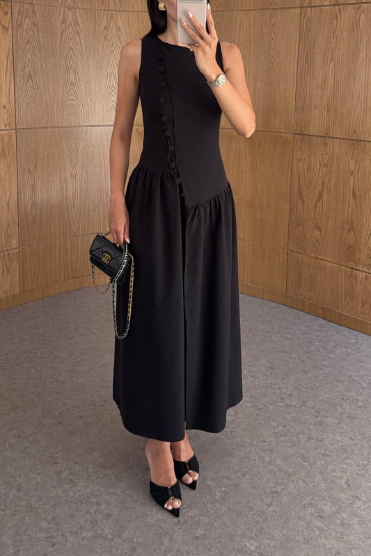 Sleeveless Black with Button Detail Dress