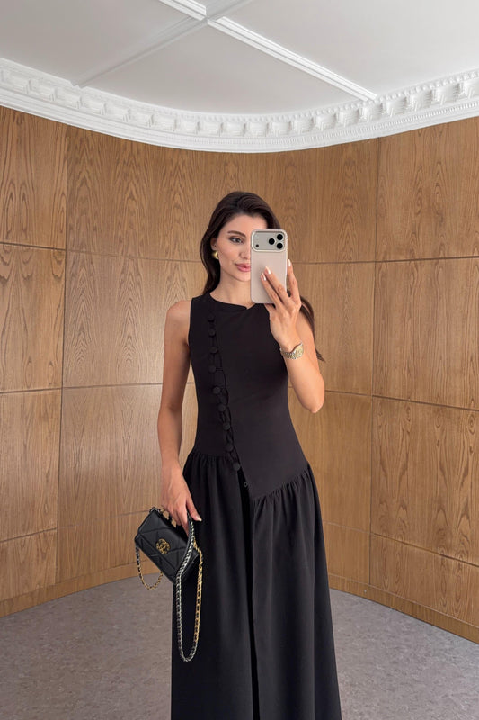 Sleeveless Black with Button Detail Dress