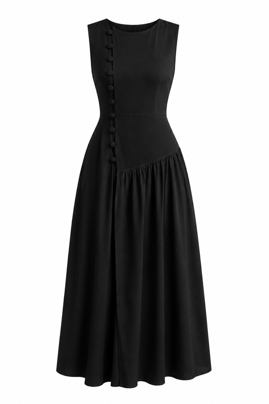 Sleeveless Black with Button Detail Dress