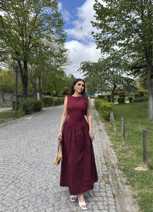 SABRINA DRESS WITH BACK COLLAR DETAILED CLARET