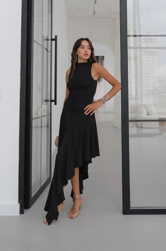 Black with Ruffle Detail at the Bottom Dress