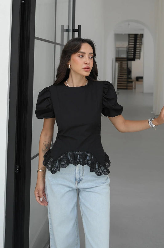 Black with Back Zipper and Lace Ruffles Blouse