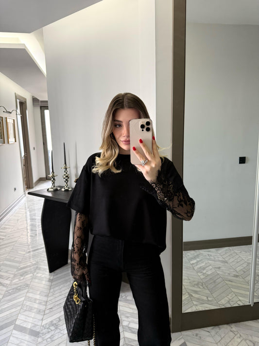 Black Crew Neck Lace Blouse