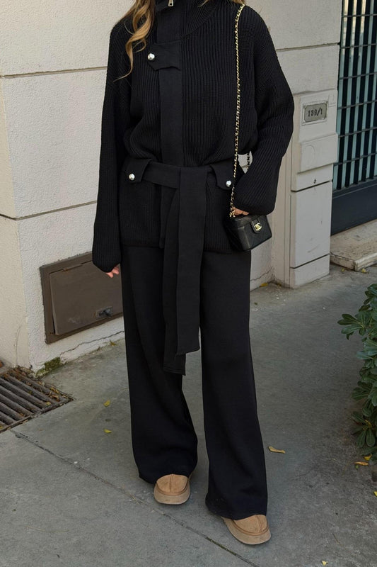 STAND-UP COLLAR BELTED KNITWEAR SET