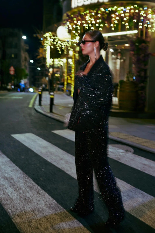 PREMIUM HIGH WAIST STONE BLACK PALAZZO TROUSERS