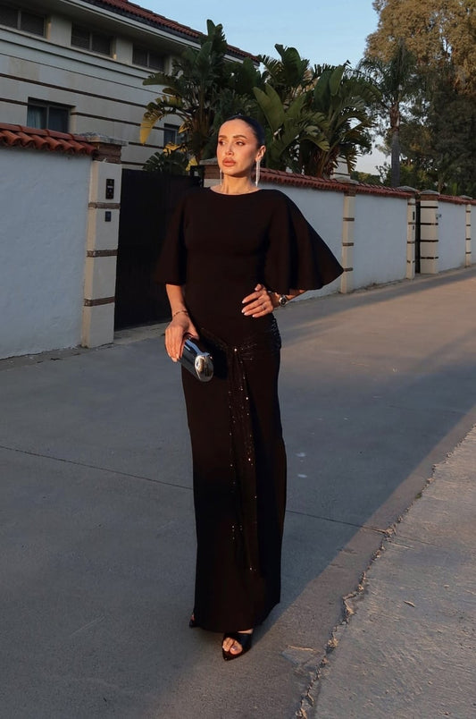 Black Sequin Belted Backless Dress