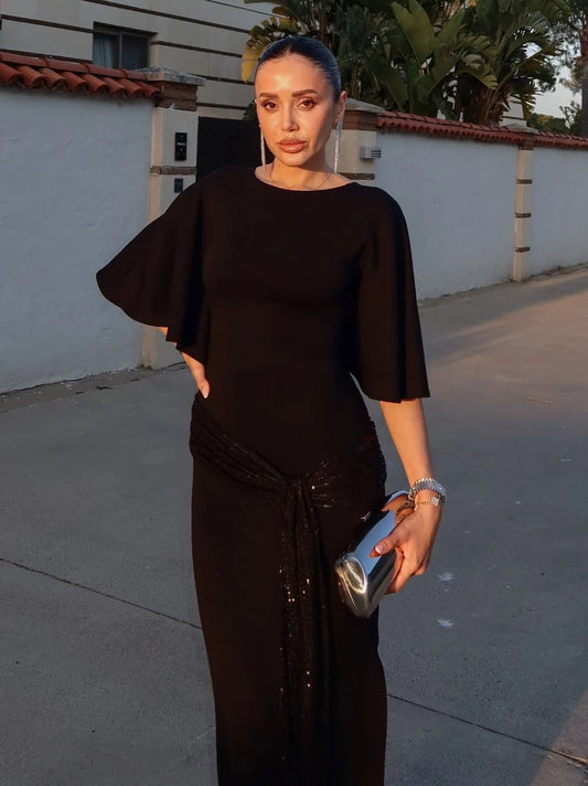 Black Sequin Belted Backless Dress