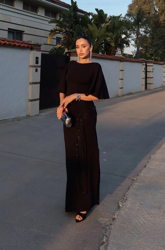 Black Sequin Belted Backless Dress