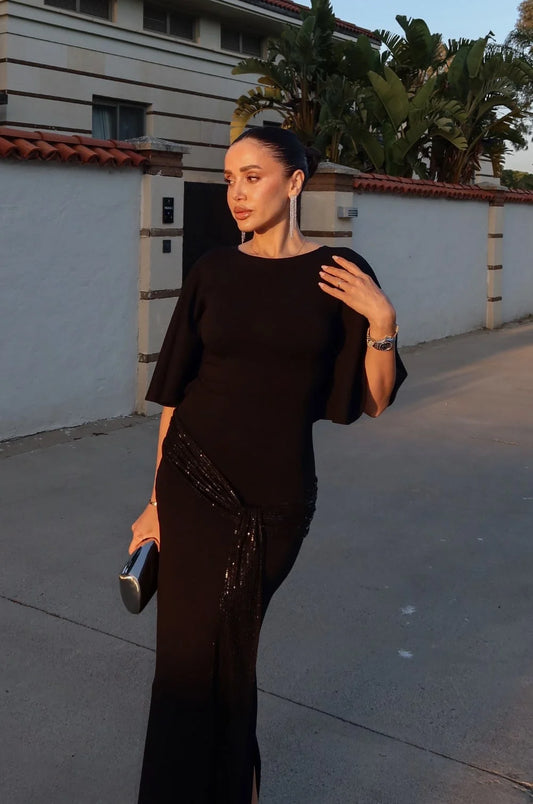 Black Sequin Belted Backless Dress