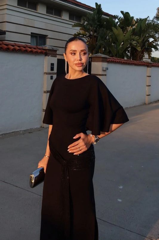 Black Sequin Belted Backless Dress