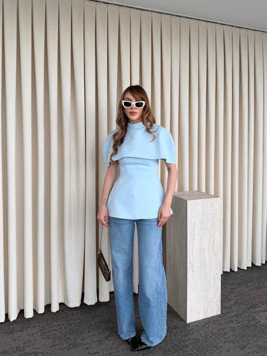 Baby Blue Blouse With Cape Detail On The Collar