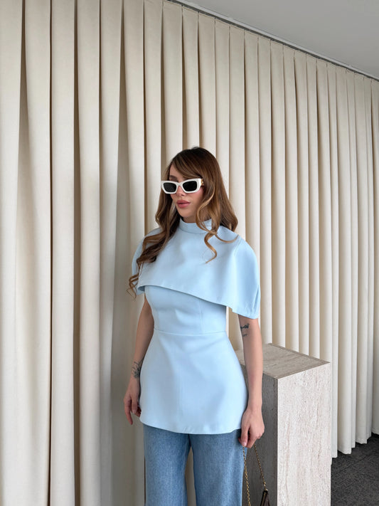 Baby Blue Blouse With Cape Detail On The Collar