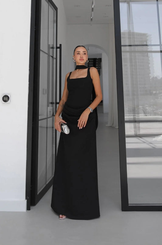 Black Piran Long with Back Buckle and Scarf Dress