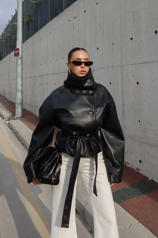 Ruta High-Neck Belted Leather Jacket