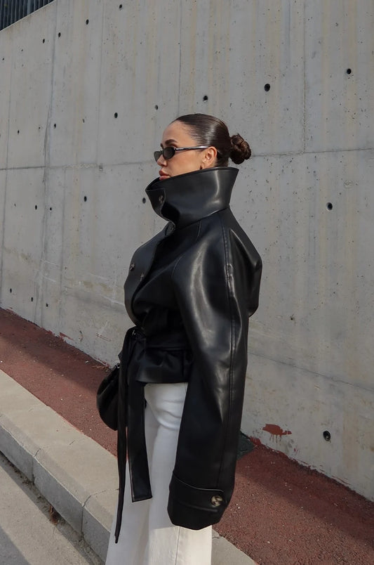 Ruta High-Neck Belted Leather Jacket
