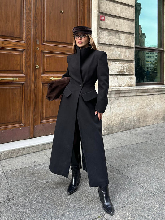 STAND-UP COLLAR WAIST SITTING PADDED MAXI CACHET COAT