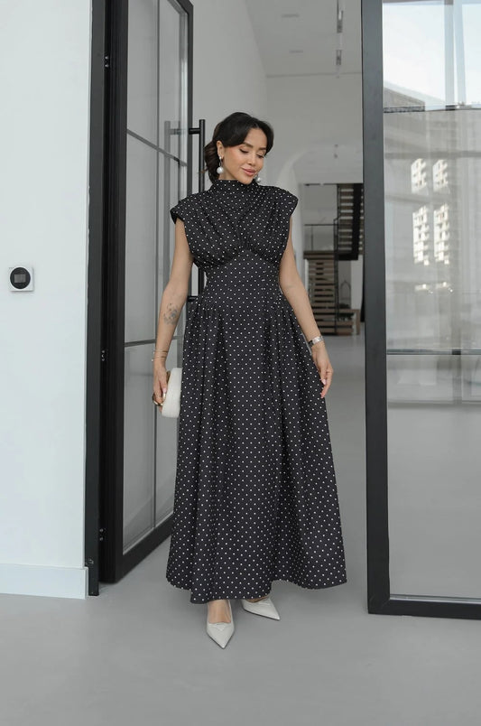 Black Padded Waist-Fitted Polka Dot Dress