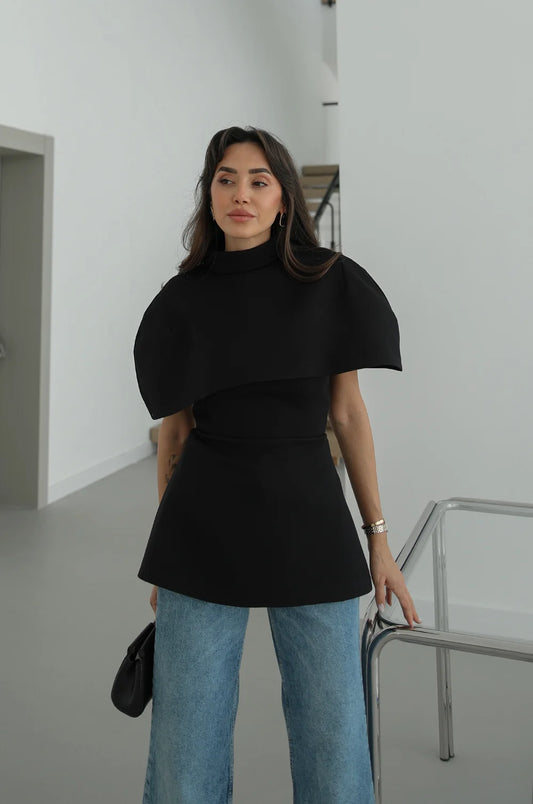 Black Blouse With Cape Detail On The Collar