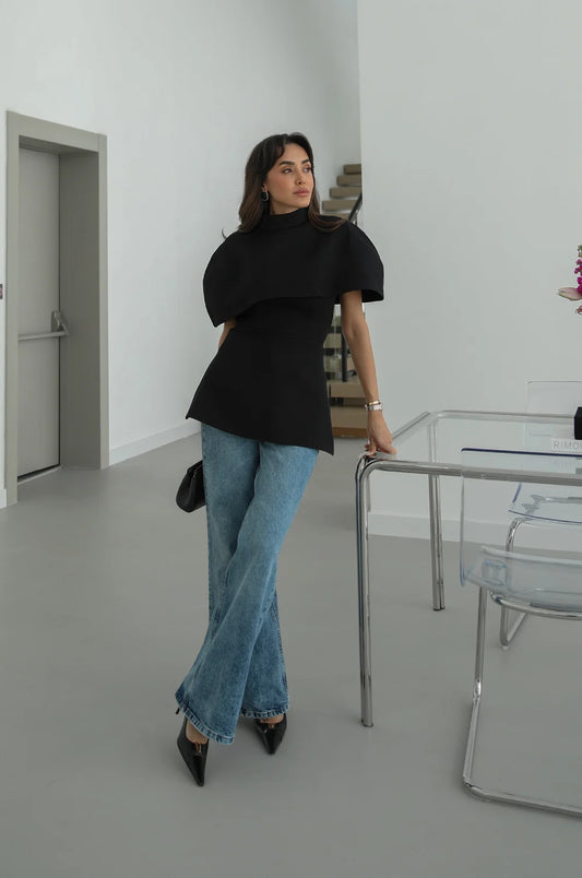 Black Blouse With Cape Detail On The Collar