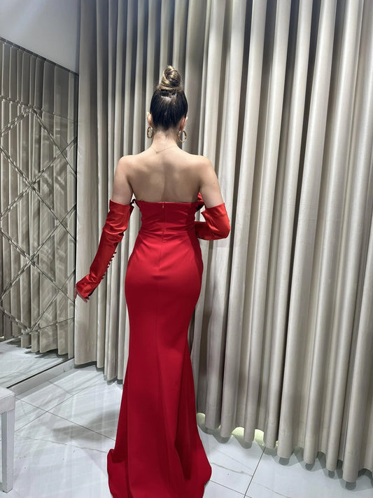Alya Satin Red Sleeve Evening Dress