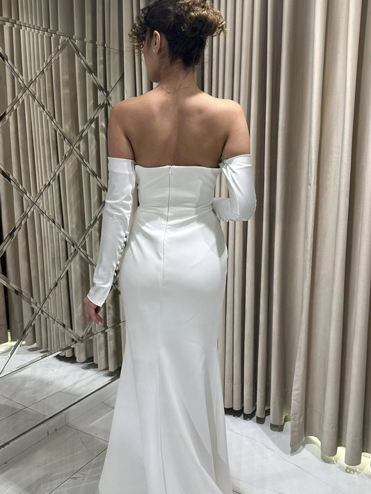 Alya Satin White Sleeve Evening Dress