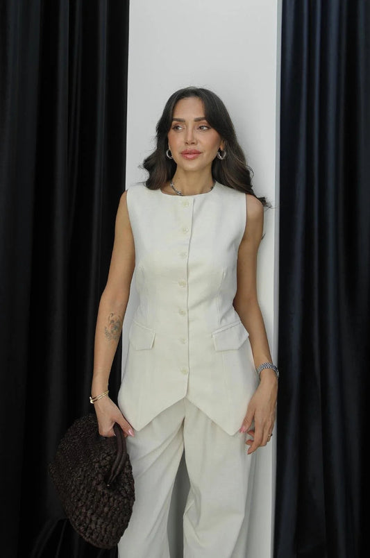 بدلة كتان فاخرة بحزام خلفي