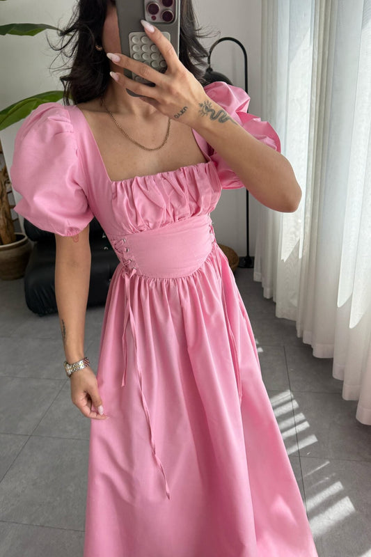 Waist Bird Eye Detail U Neck Corset Midi Dress