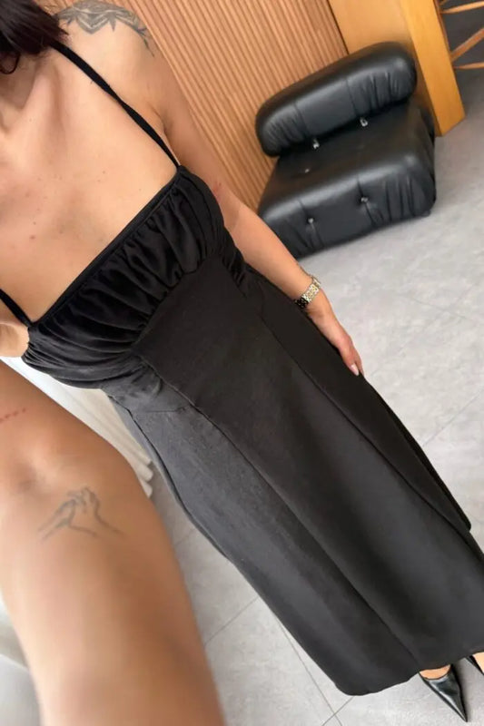 Black Dress with Pleats on the Front