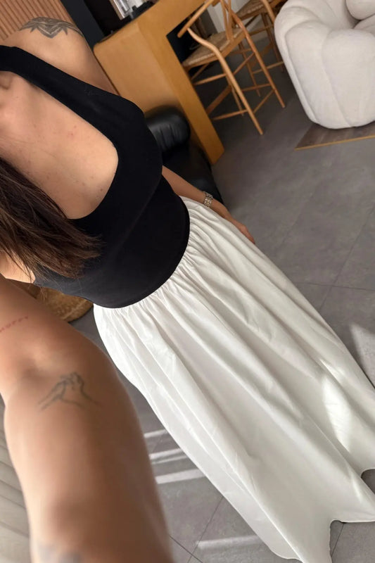 DOUBLE COLOR BLACK-WHITE LONG DRESS