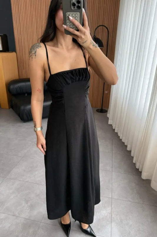 Black Dress with Pleats on the Front