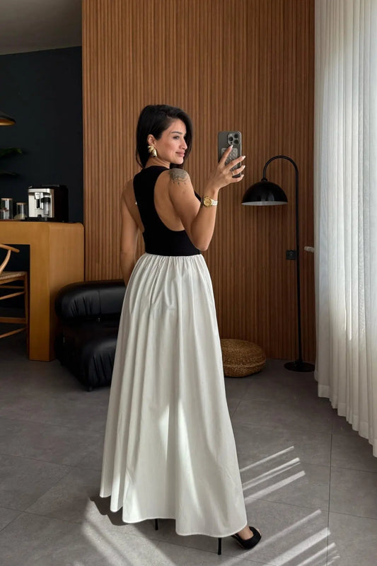 DOUBLE COLOR BLACK-WHITE LONG DRESS