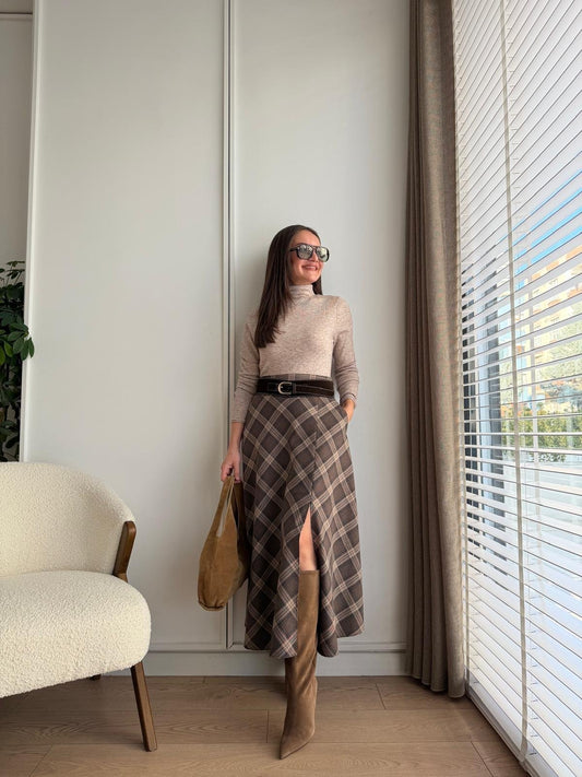 Slit Brown Plaid Belt Skirt