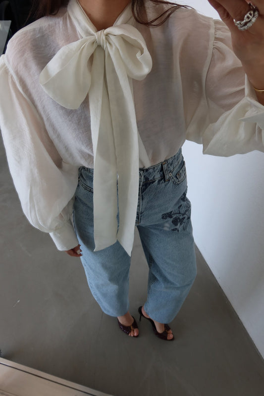 Neckline Tie-Up Balloon Sleeve Blouse