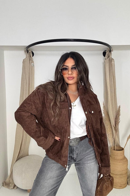 جاكيت بومبر من جلد الغزال البني