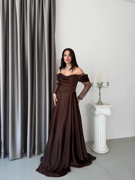 Royal Brown Evening with Lace Details Dress