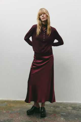 Bordo Midi Length Satin Skirt