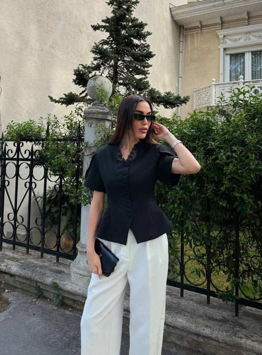 Black Lace Collar Blazer Top