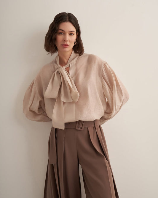 Neckline Tie-Up Balloon Sleeve Blouse
