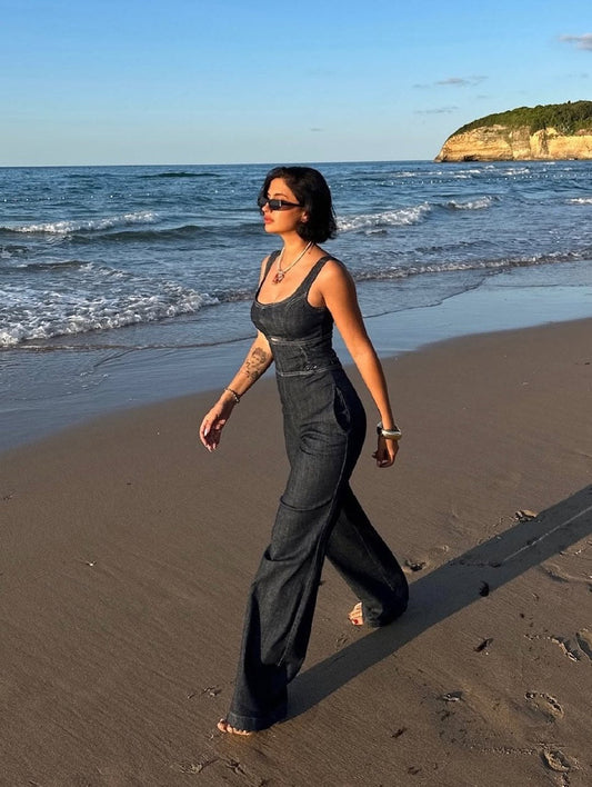 Wide Leg Belan Jumpsuit with Thick Straps Suit