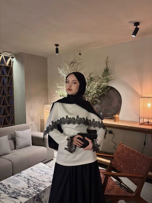 LACE EMBROIDERED CAPE SATIN BLOUSE